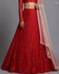 Crimson beaded lace fabric by Wijaya Saree Mandiraya