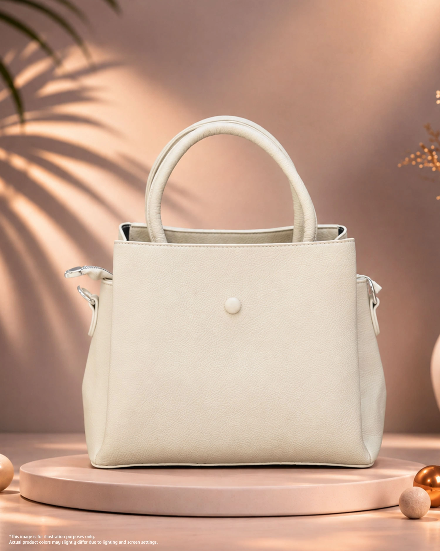 Cream White Textured Handbag Cream white textured handbag with rounded top handles and a simple front button detail.
