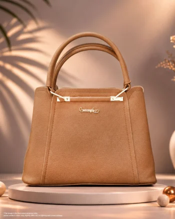 Tan brown structured handbag with double handles and gold hardware.