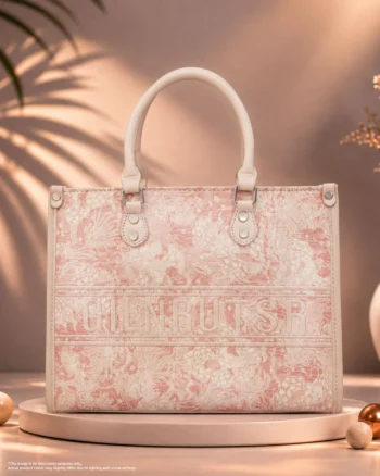 Pink and white patterned handbag with white handles and floral design.