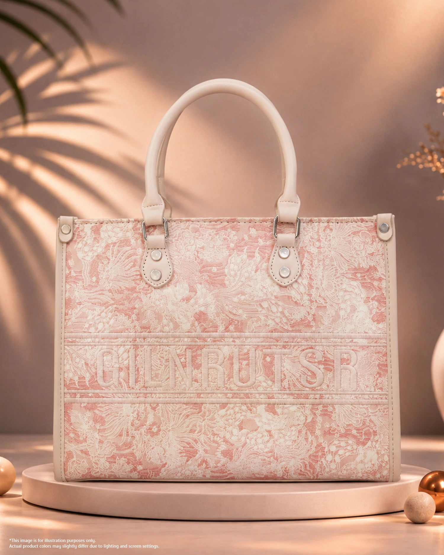 Pink and White Floral Patterned Handbag Pink and white patterned handbag with white handles and floral design.