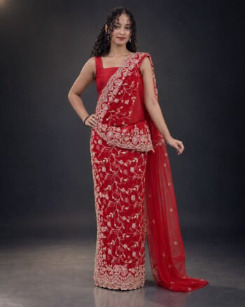 Red Indian homecoming saree with floral embroidery