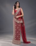 Maroon embroidered homecoming saree with gold floral lace design