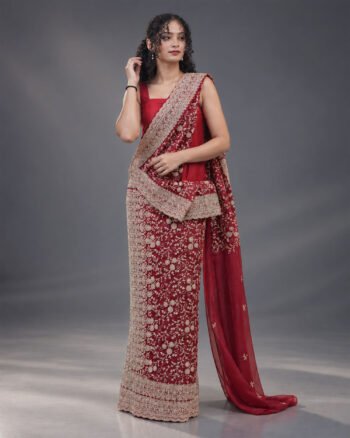 Maroon embroidered homecoming saree with gold floral lace design