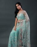 Mint green net saree featuring pastel pink and gold floral embroidery with scalloped edges