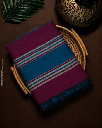 Purple Indian handloom saree with blue striped border