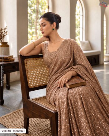 A luxurious champagne-brown embellished fabric with intricate shimmering details, shown styled as a saree