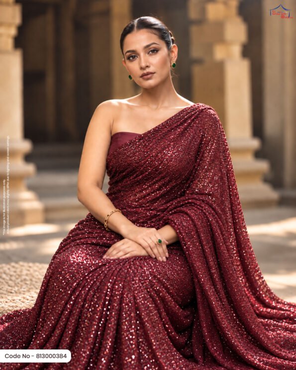 A woman draped in a rich maroon/maroon-red sequined saree paired with a matching strapless blouse