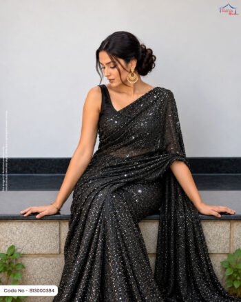 A woman wearing luxurious black shimmering embellished fabric styled as an elegant saree, showcasing its sparkling texture and intricate sequin detailing