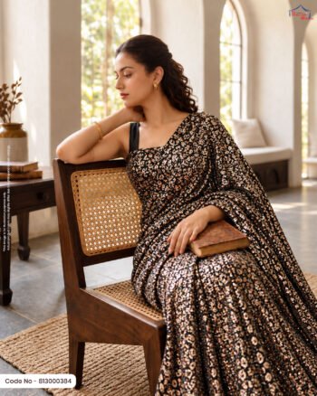 A woman sitting on a wooden chair draped in a black saree featuring dense rose gold foil embellishments, paired with a black sleeveless blouse